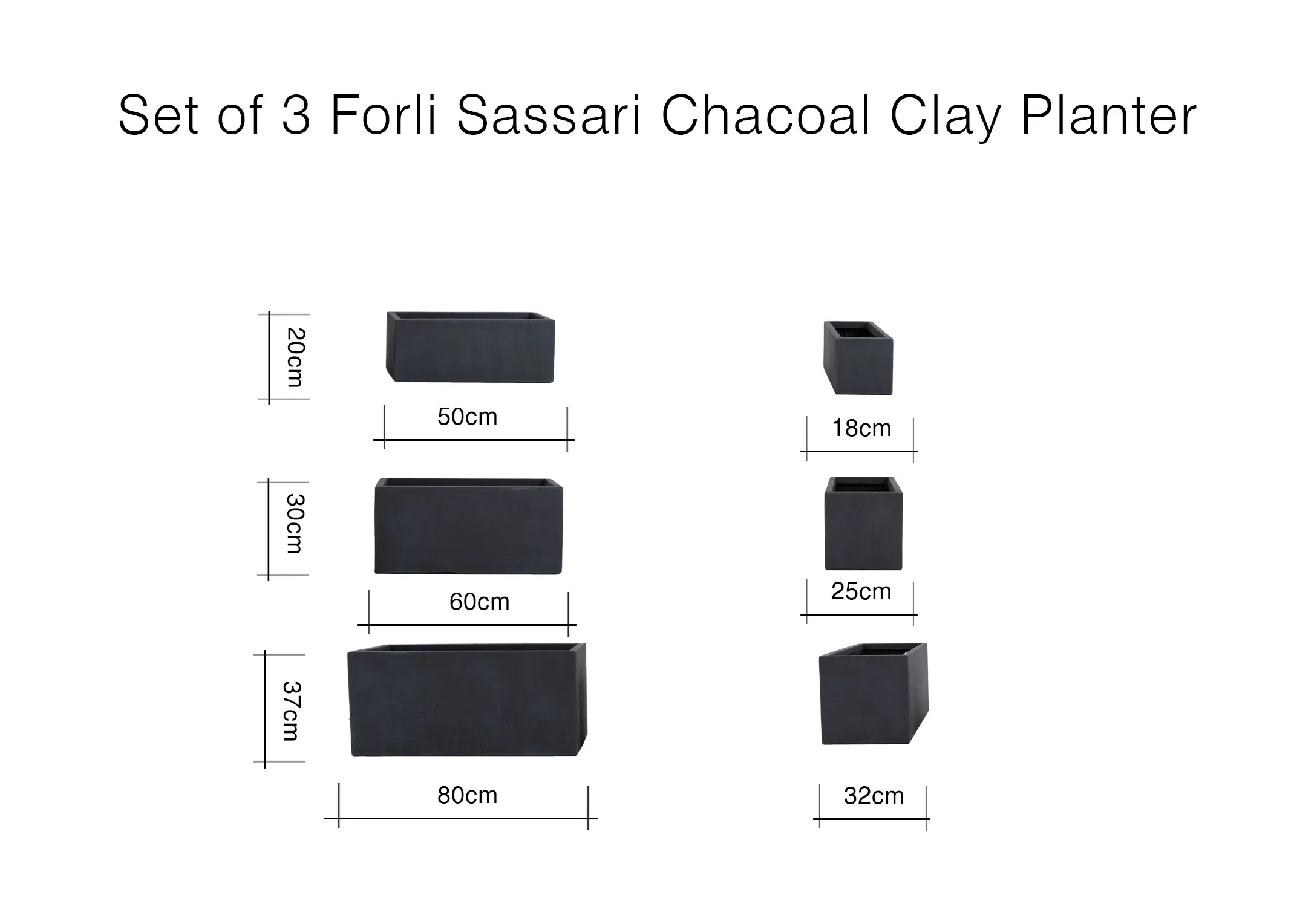 A dimension image of the Forli Charcoal Planter with 50cm x 60cm x 80cm