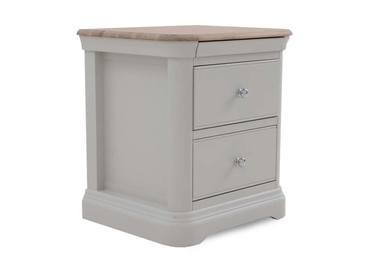 A grey 2 drawer locker from EZ Livings Kylemore range.Angled view of oak table top