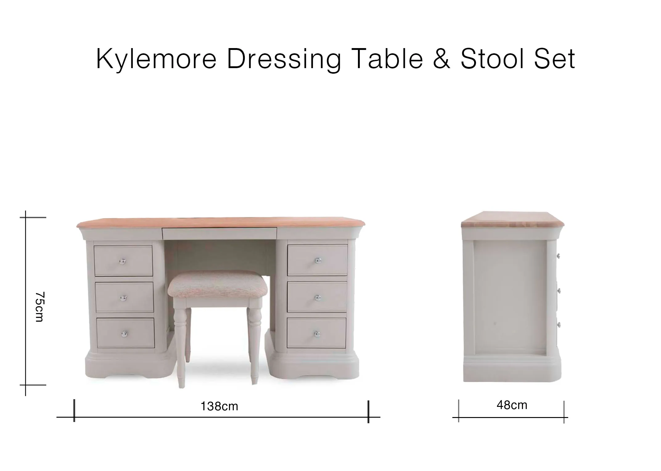 A dimension image of the Kylemore Dressing Table set with 138cm x 48cm x 75cm