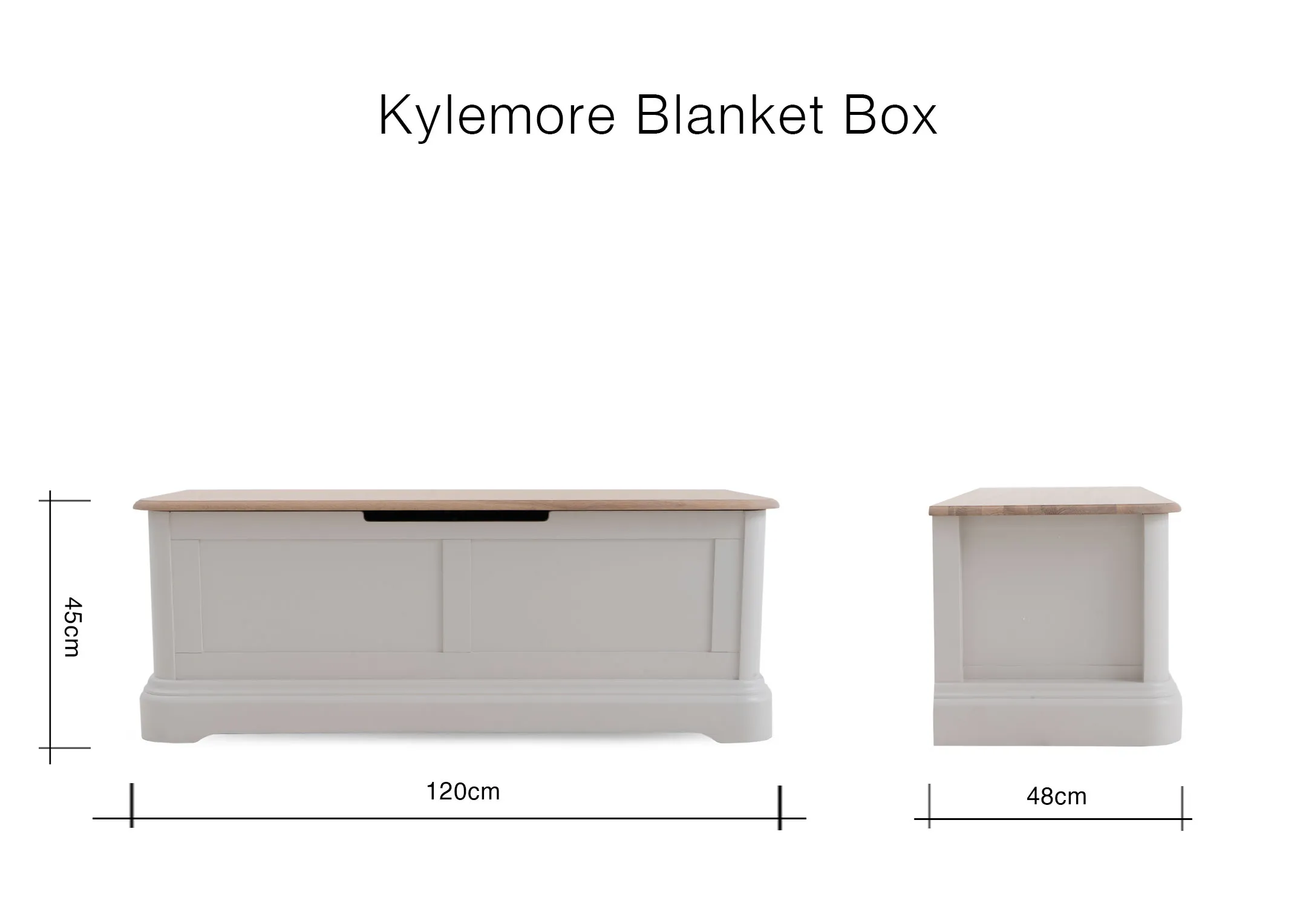 A dimension image of the Kylemore Box with 120cm x 48cm x 45cm