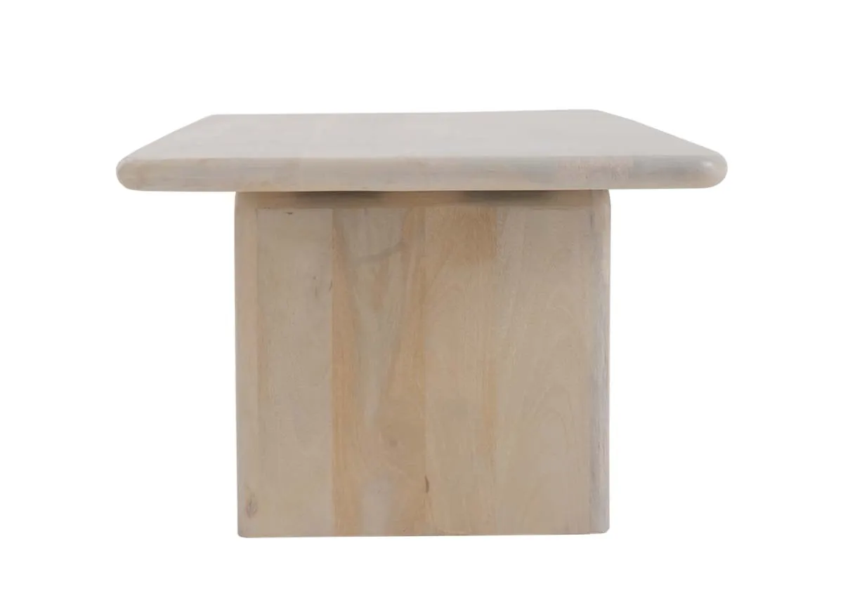 A natural coffee table from EZ Livings Ezra range. Side view of thick wide legs
