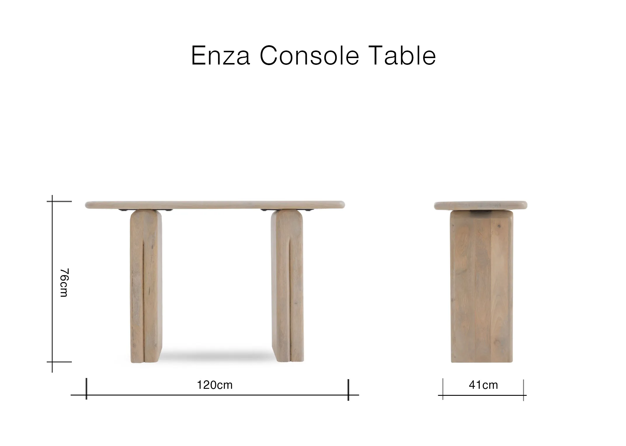 A dimension image of the Enza Console Table with 120cm x 41cm x 76cm