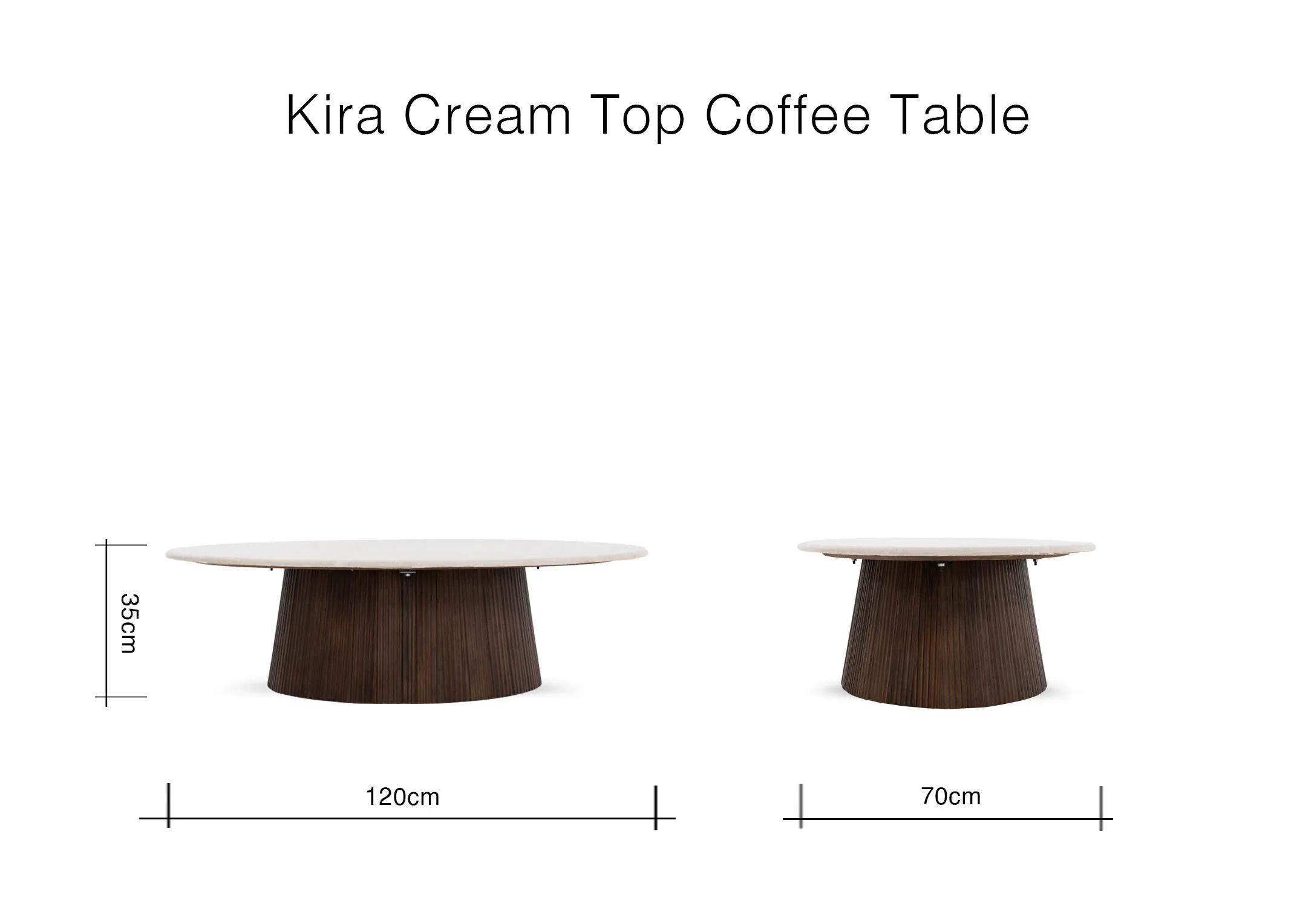 A dimension image of the Kira coffee table with 120cm x 70cm x 35cm
