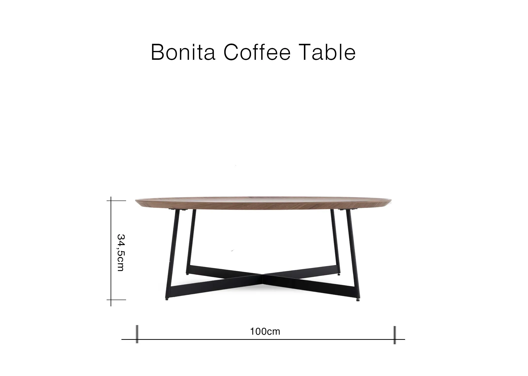 A dimension image of the Bonita coffee table with 100cm x 34.5cm