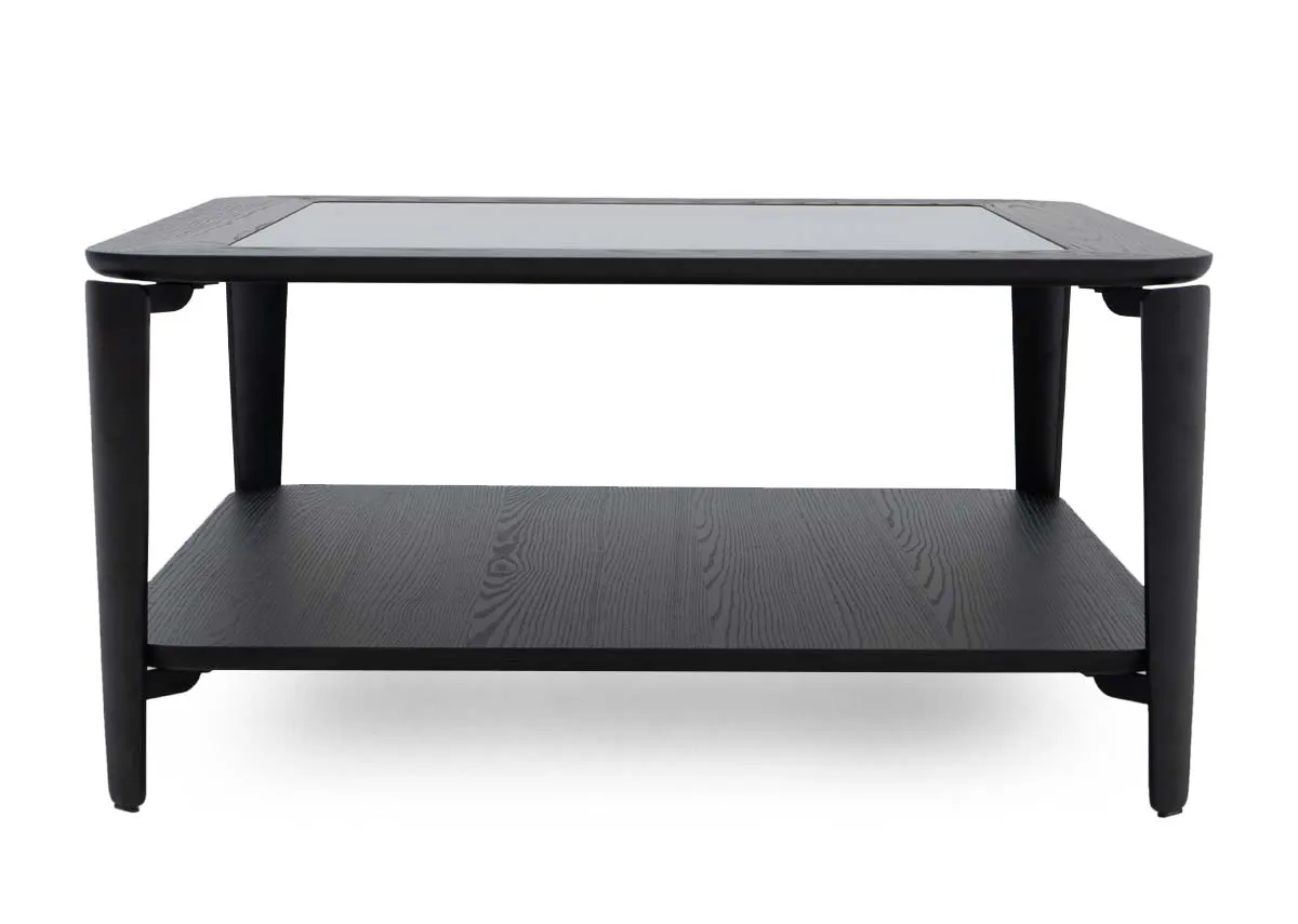 A square coffee table with glass top from EZ Livings Lana range. Front view