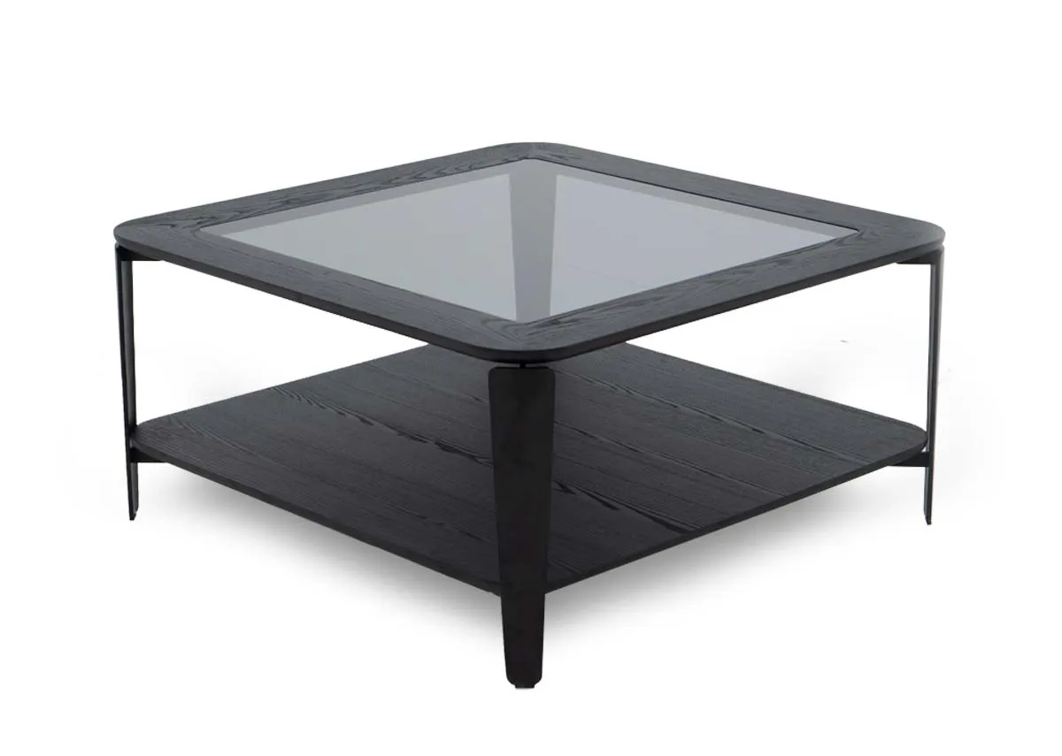 A square coffee table with glass top from EZ Livings Lana range. Angled view