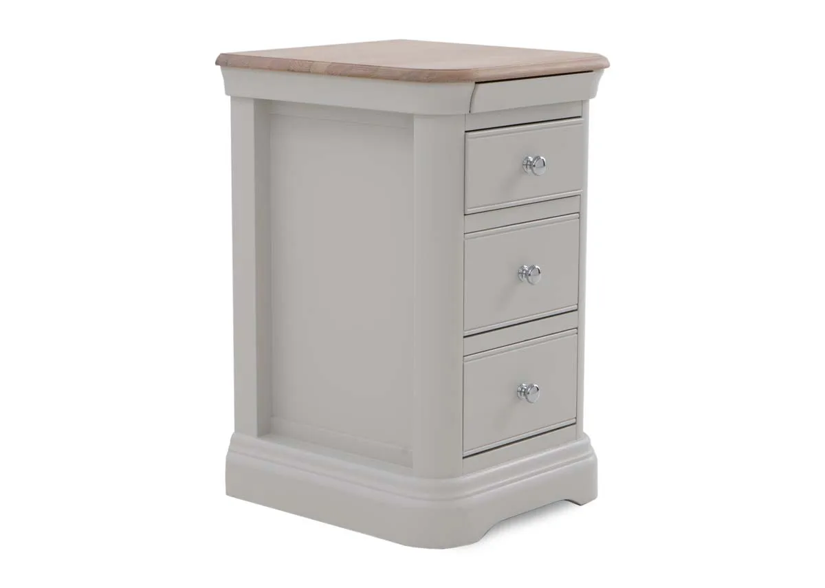 A grey 3 drawer locker from EZ Livings Kylemore range.Angled view of indented panel sides.