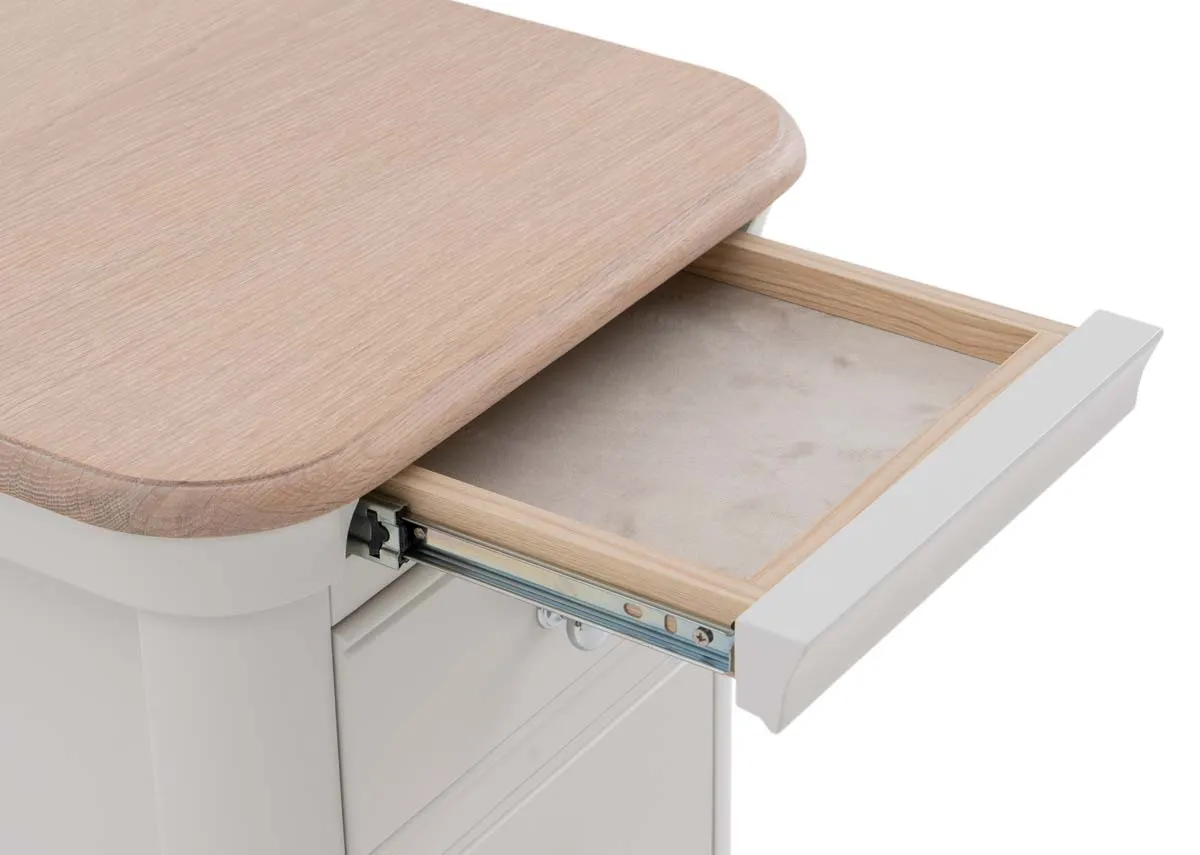 A grey 3 drawer locker from EZ Livings Kylemore range.Closeup of hidden tray 