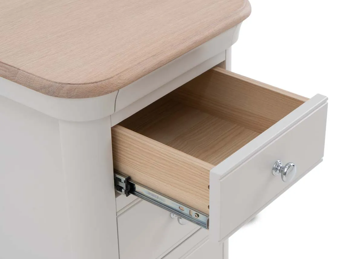 A grey 3 drawer locker from EZ Livings Kylemore range. Closeup of drawer open.