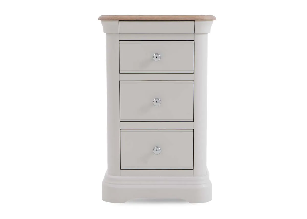 A grey 3 drawer locker from EZ Livings Kylemore range. Front view of 3 drawers.