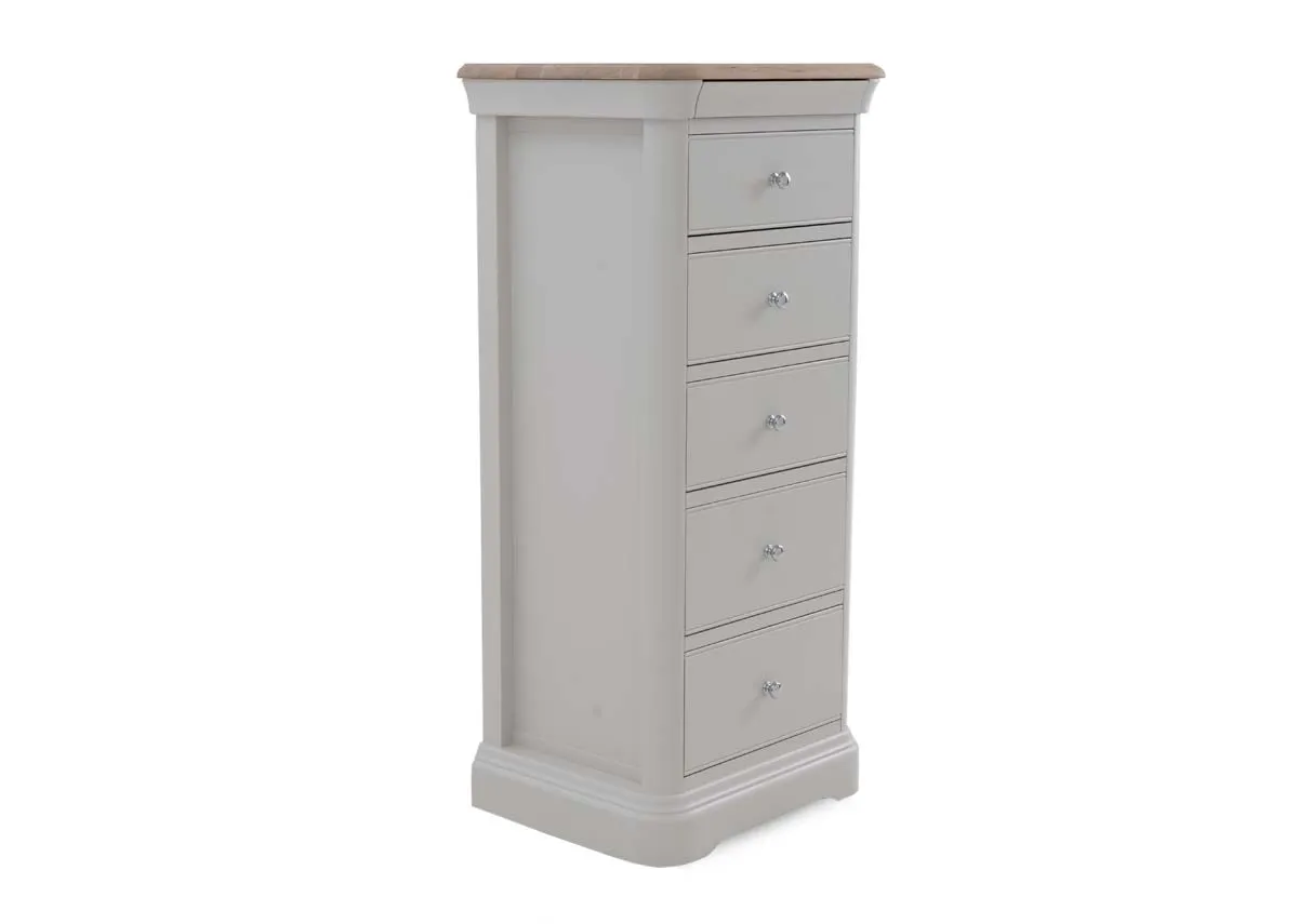 A grey tallboy chest from EZ Livings Kylemore range. Angled view