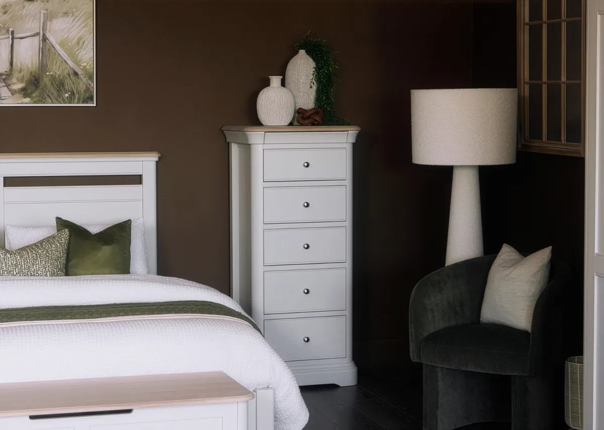 A lifestyle image of the Kylemore tallboy with Kylemore bedframe.