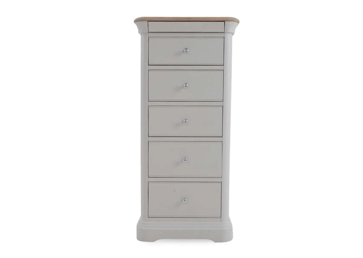 A grey tallboy chest from EZ Livings Kylemore range. Front view