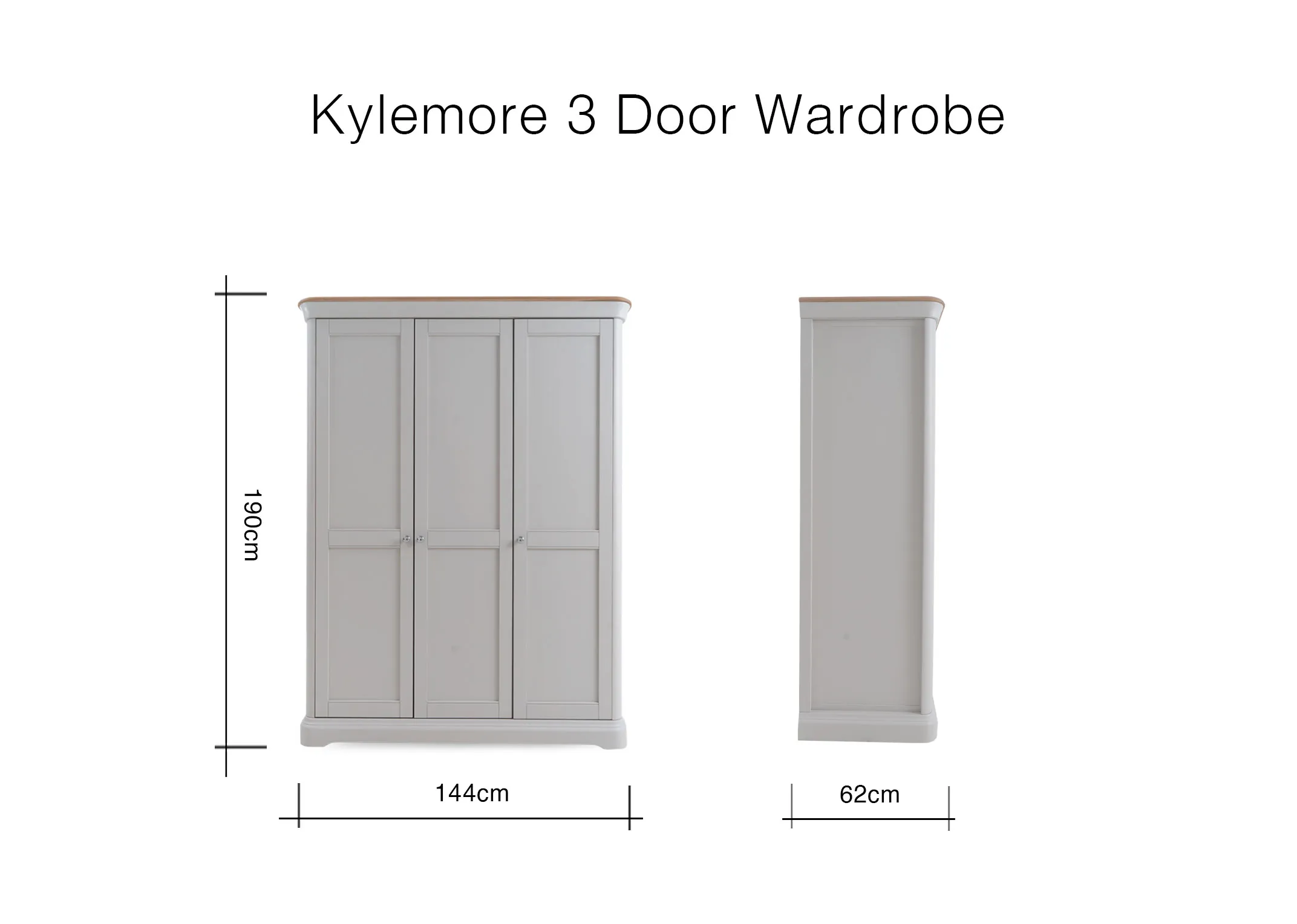 A dimension image of the Kylemore Wardrobe with 144cm x 62cm x 190cm 