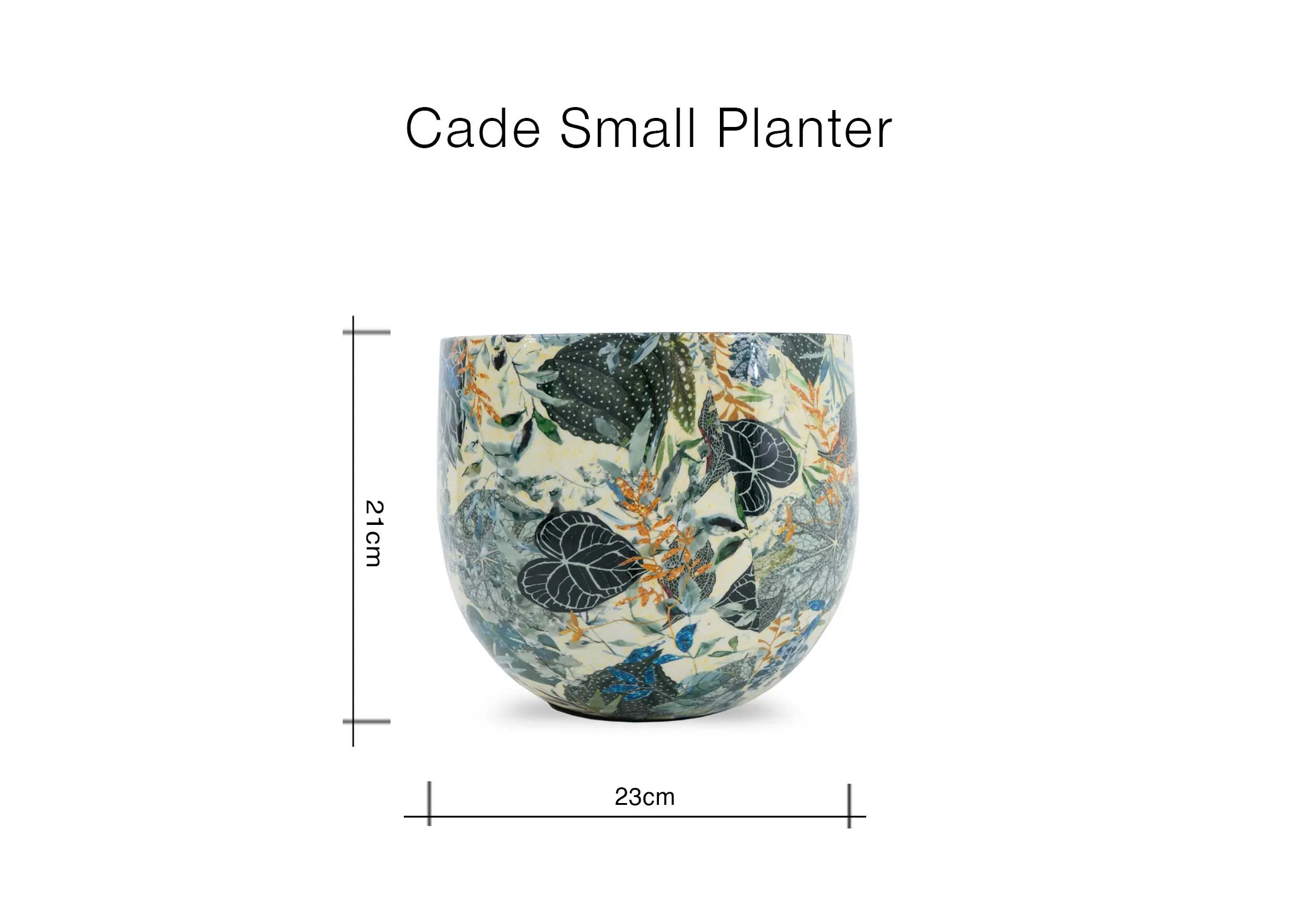 A dimension image of the Cade Small planter with 23cm x 21cm
