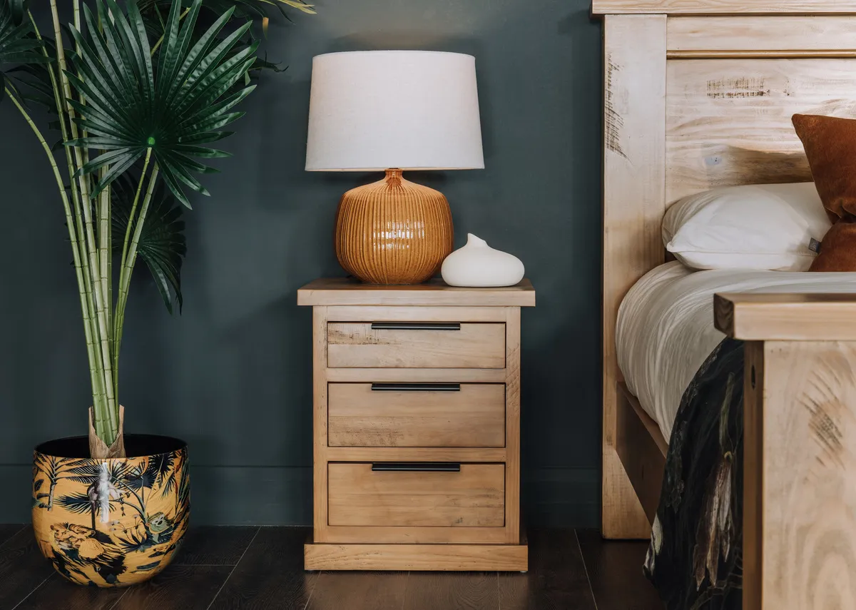 A lifestyle image of the Pine creek locker with Clea planter with fan palm plant.