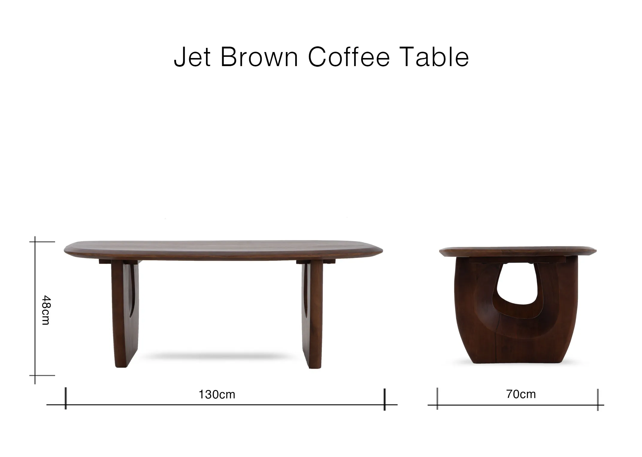 A dimension image of the Jet Brown coffee table with 130cm x 70cm x 48cm