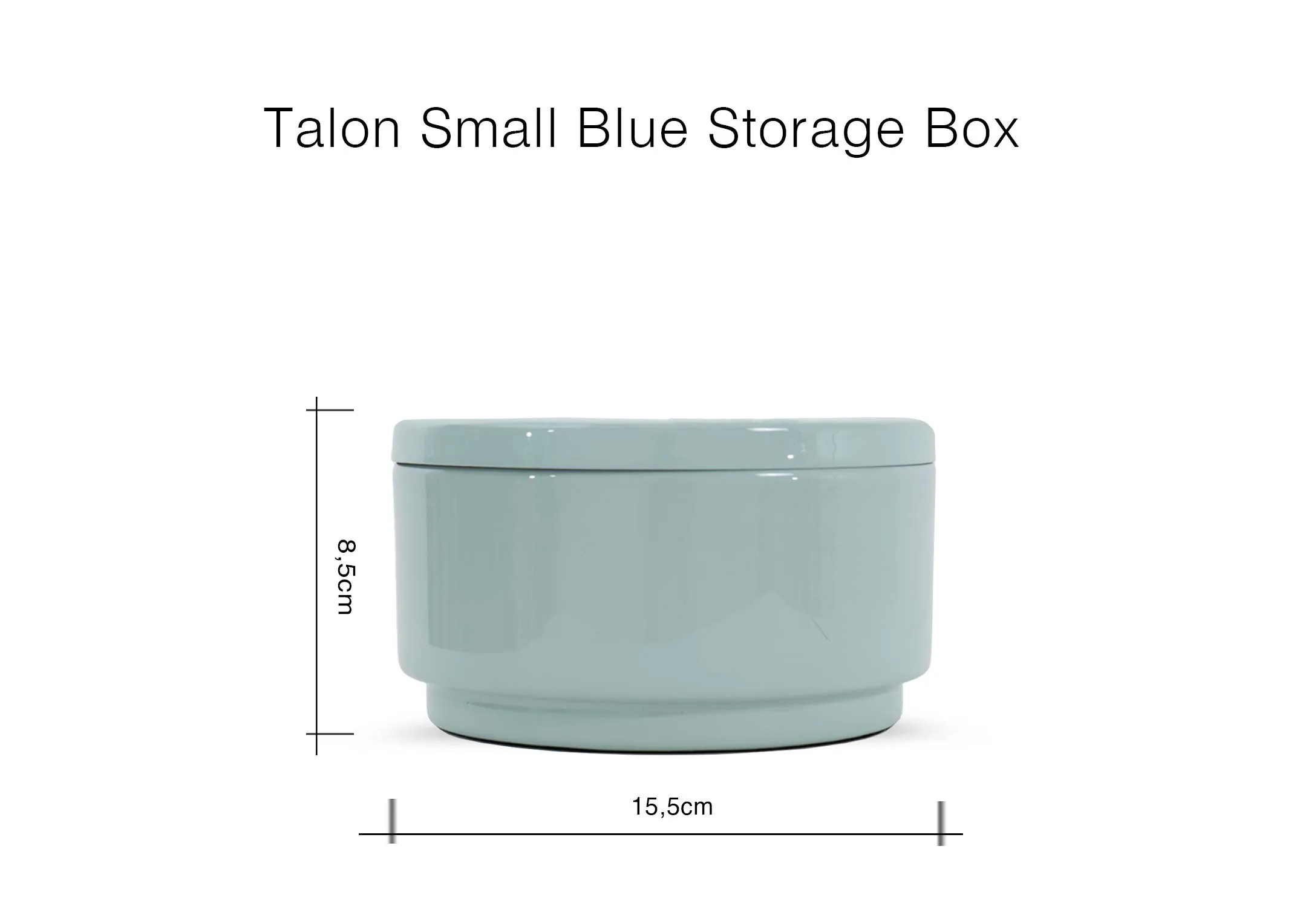 A dimension image of the Talon small blue storage box with 15.5cm x 8.5cm