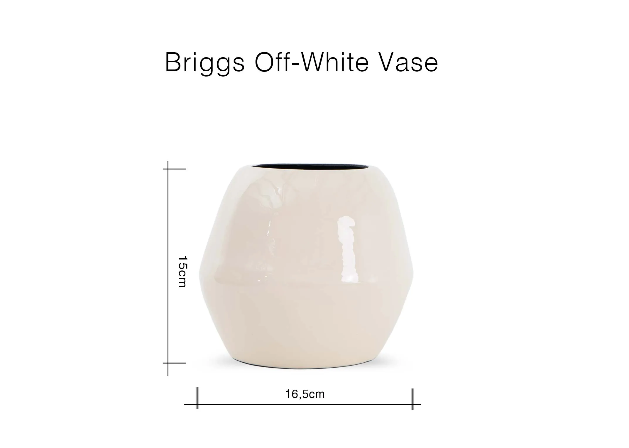 A dimension image of the Briggs Off white vase with 16.5cm x 15cm