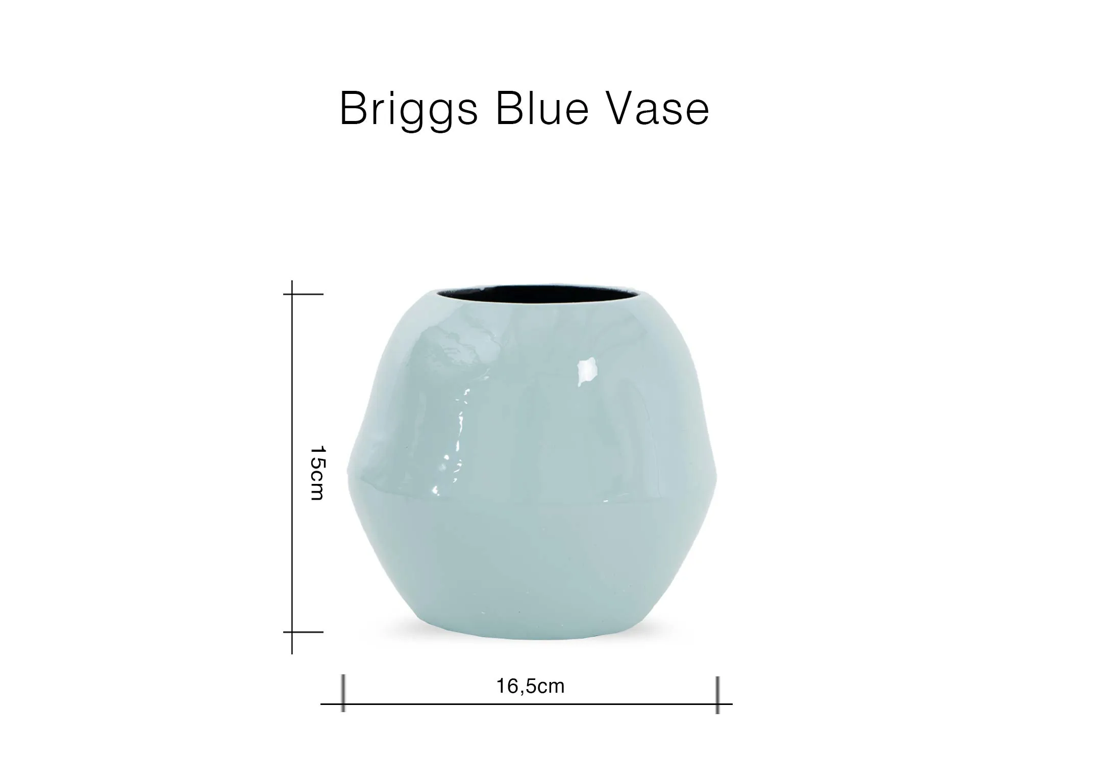 A dimension image of the Briggs Blue vase with 16.5cm x 15cm