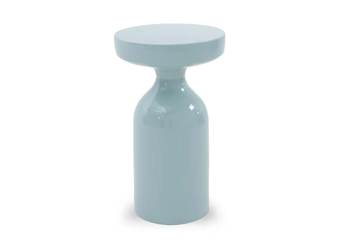 A light blue metal side table from EZ Livings Alora range. Angled view of gloss painted finish.