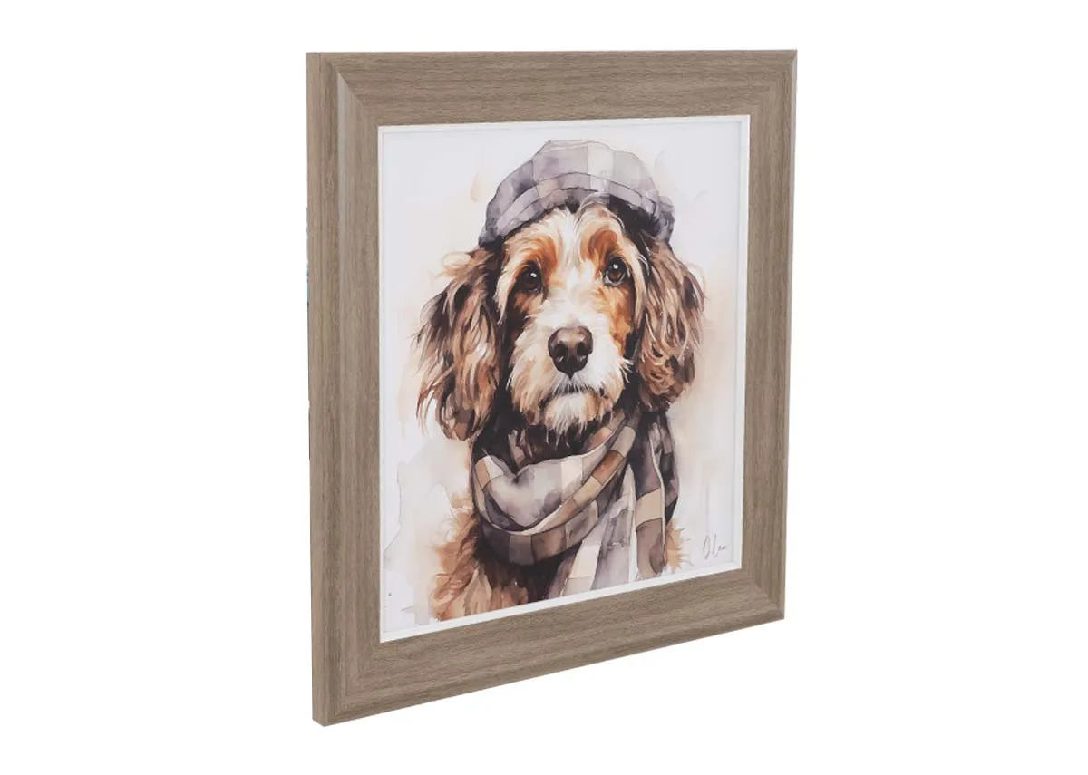 A square framed print of a king charles dog with a hat & scarf from EZ Livings Wall art collection. Angled view of distressed wood frame.