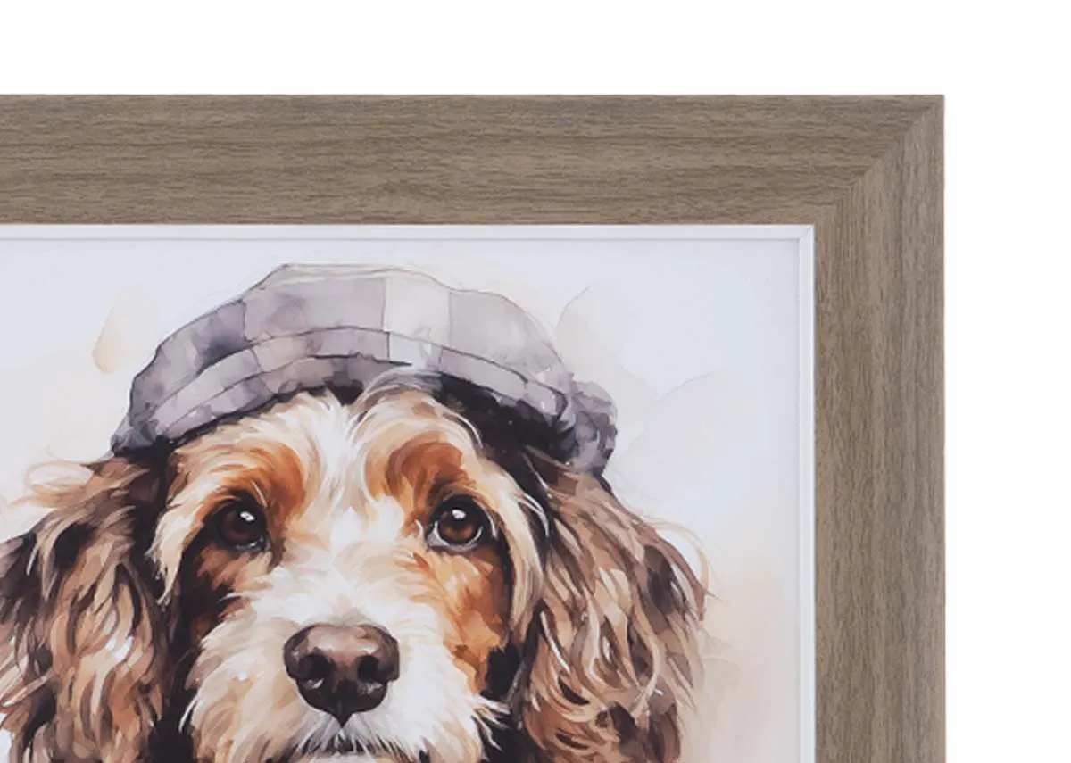 A square framed print of a king charles dog with a hat & scarf from EZ Livings Wall art collection. Closeup of painted detail