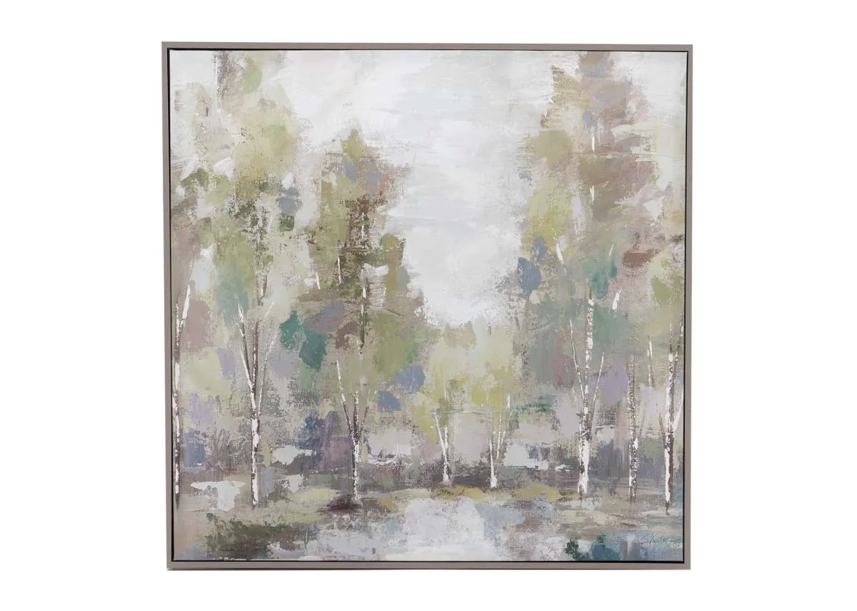 A grey framed moody woodland scene with greens from EZ Livings At Dawn range. Front view.