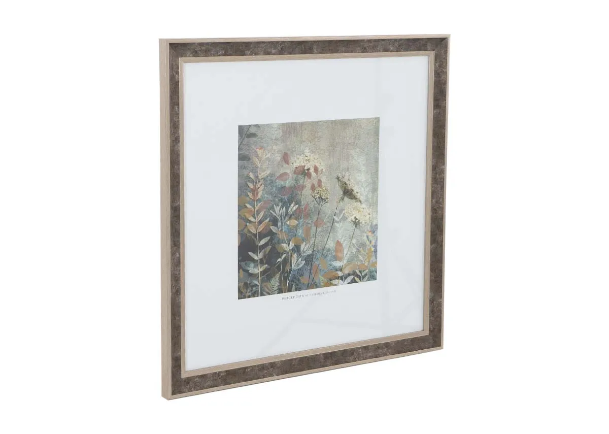 A brown framed picture of a floral meadow from EZ Livings Perception. Angled view