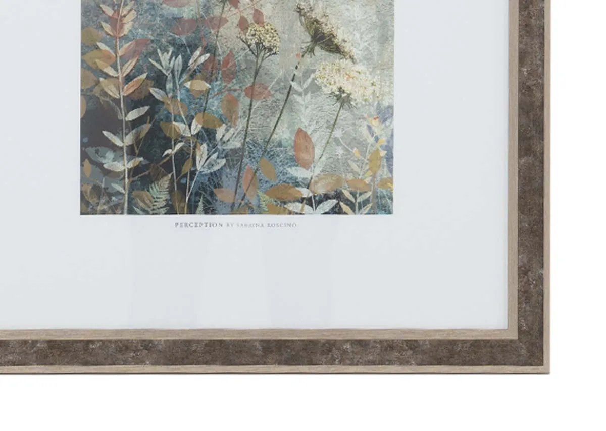 A brown framed picture of a floral meadow from EZ Livings Perception.Closeup