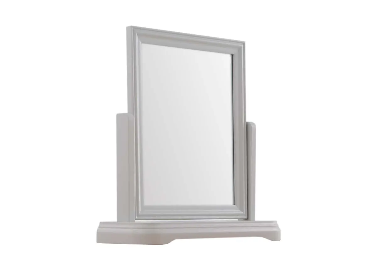 A grey vanity mirror from EZ Livings Kylemore range. Angled view