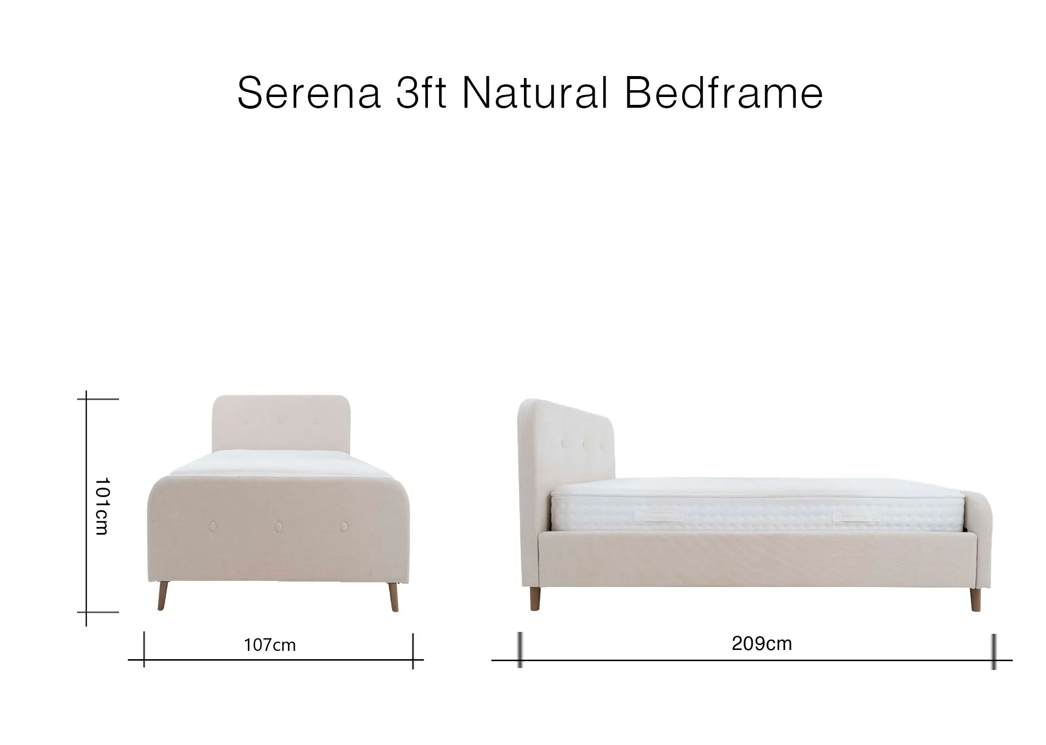 A dimension image of the Serena 3ft Bed with 107cm x 209cm x 101cm