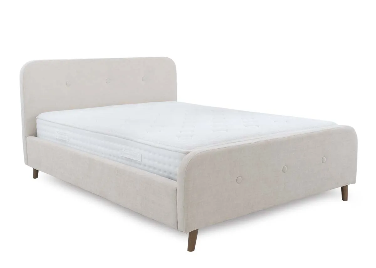 A natural beige fabric 3ft bedframe from EZ Livings Serena range. Angled view of bed with mattr
