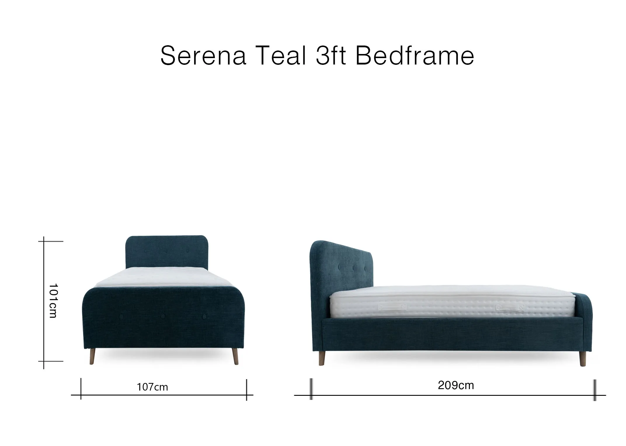 A dimension image of the Serena Teal bed with 107cm x 209cm x 101cm