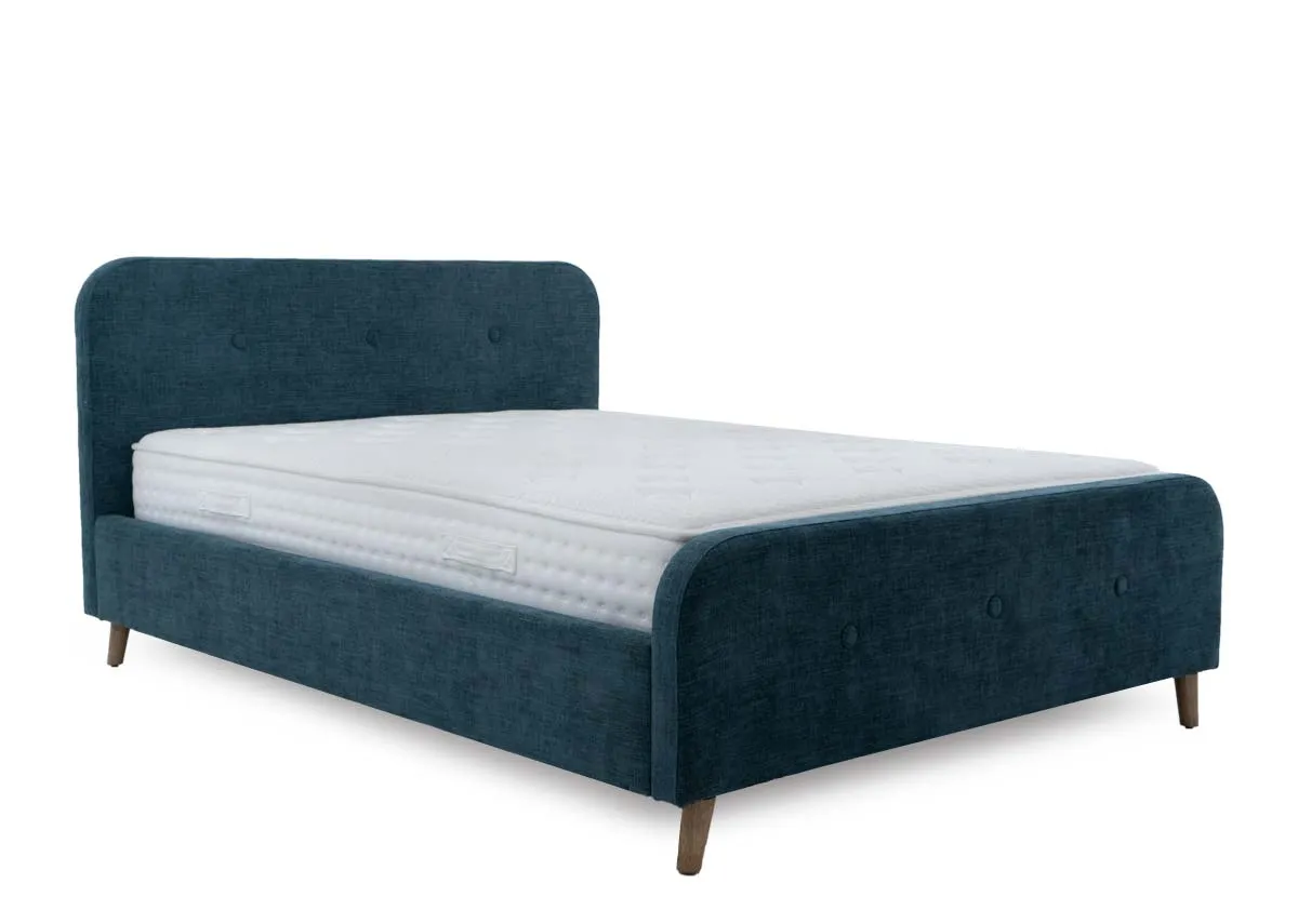 A teal fabric 3ft bedframe from EZ Livings Serena range. Angled view