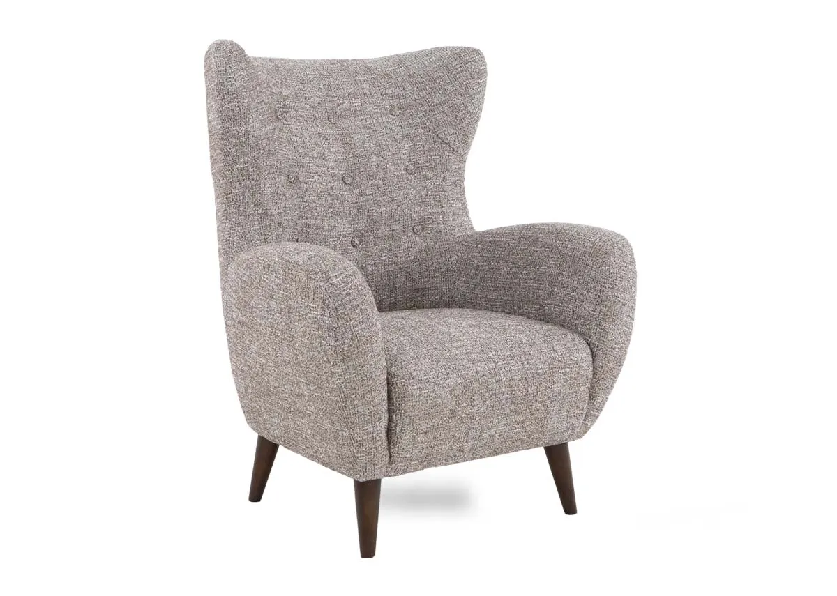 A grey fabric armchair from EZ Livings Bronx range. Angled view of wheat occasional.