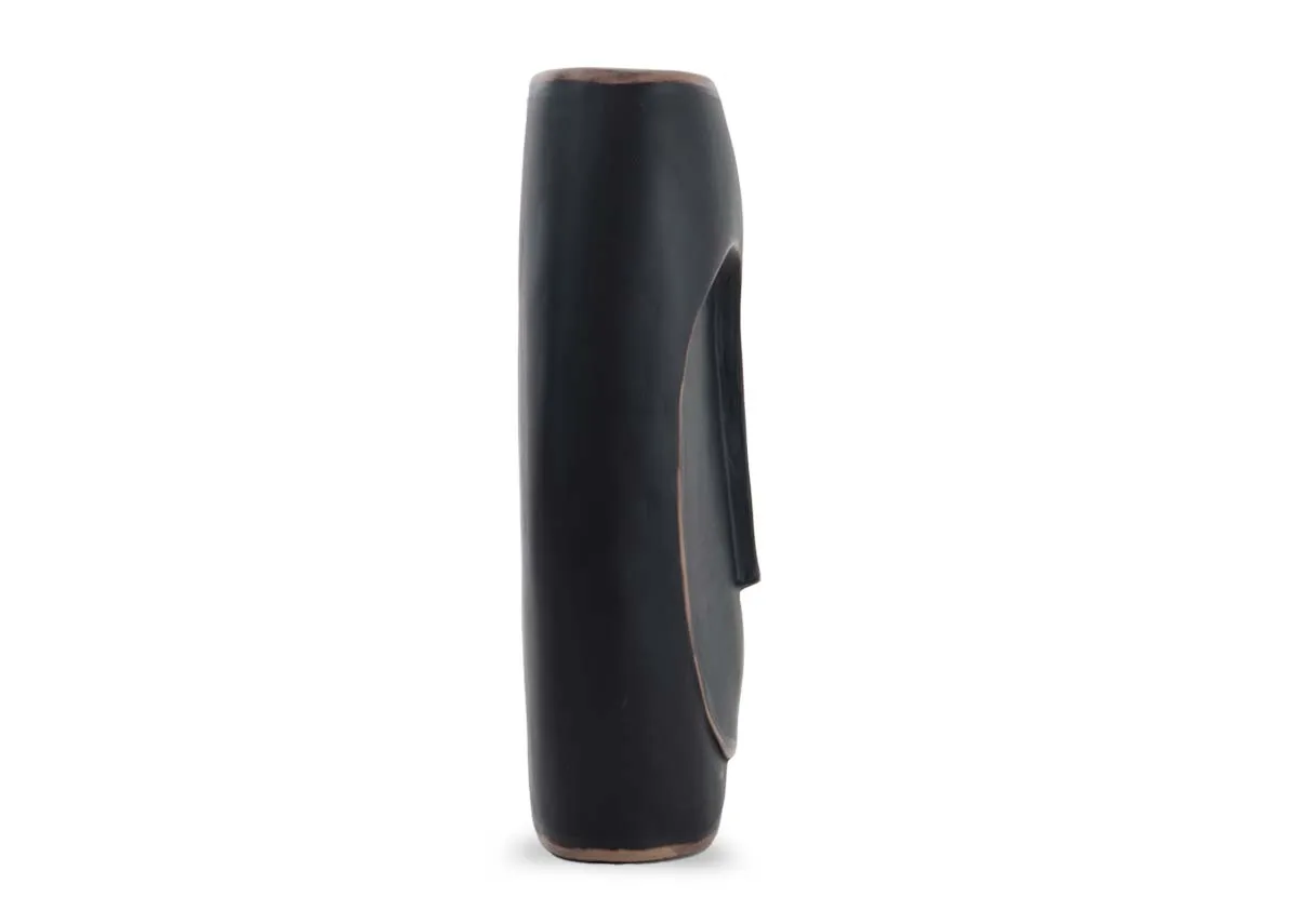 A large black vase with distressed edges from EZ Livings Bluebell range. Side view of matt finihs