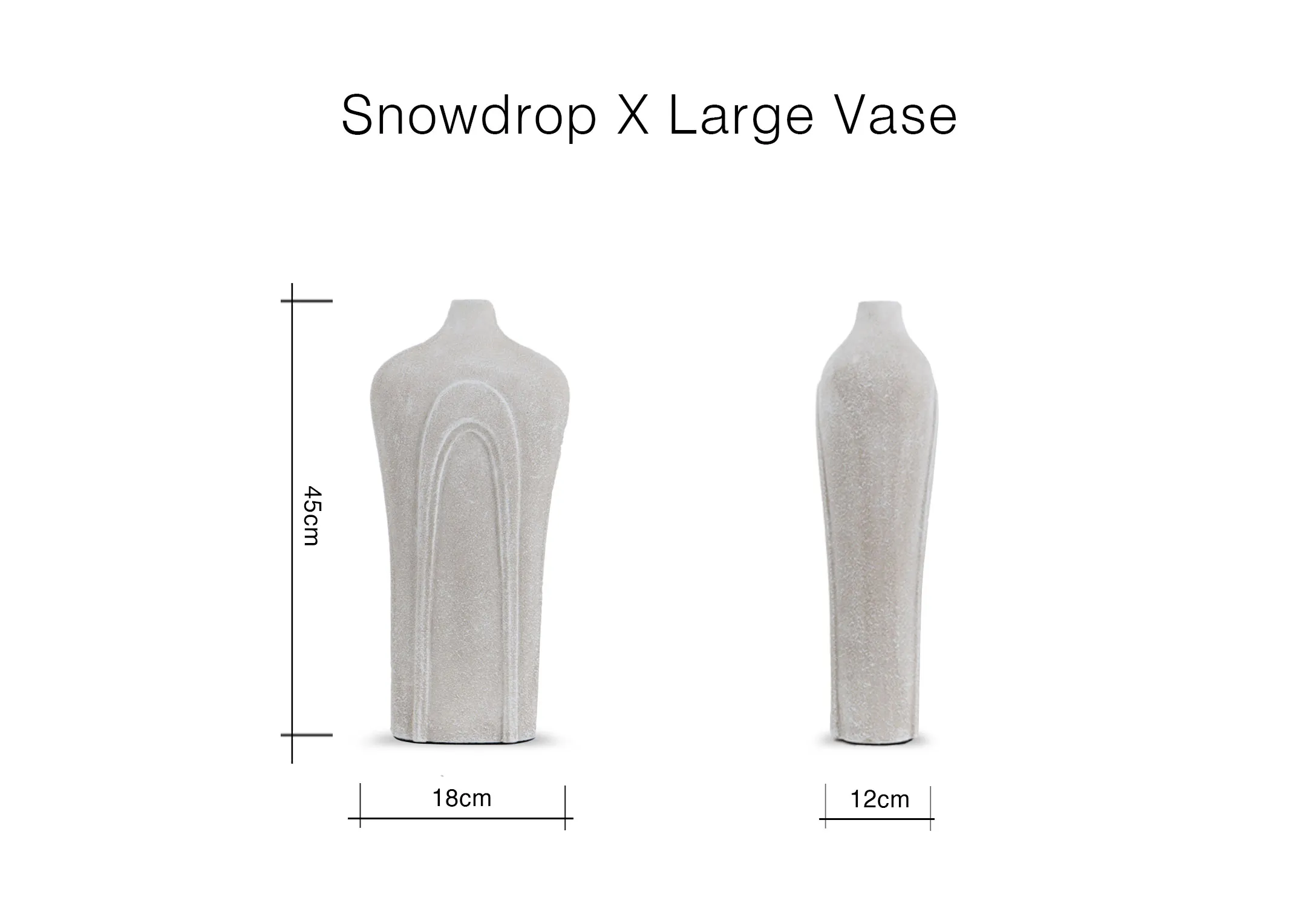 A dimension image of the Snowdrop vase with 18cm x 45cm