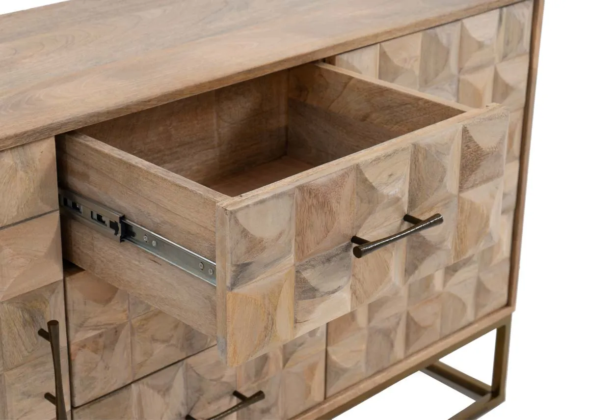 A 2 door 3 drawer mango sideboard from EZ Livings Diva range. Front view of doors open showing 2 shelves