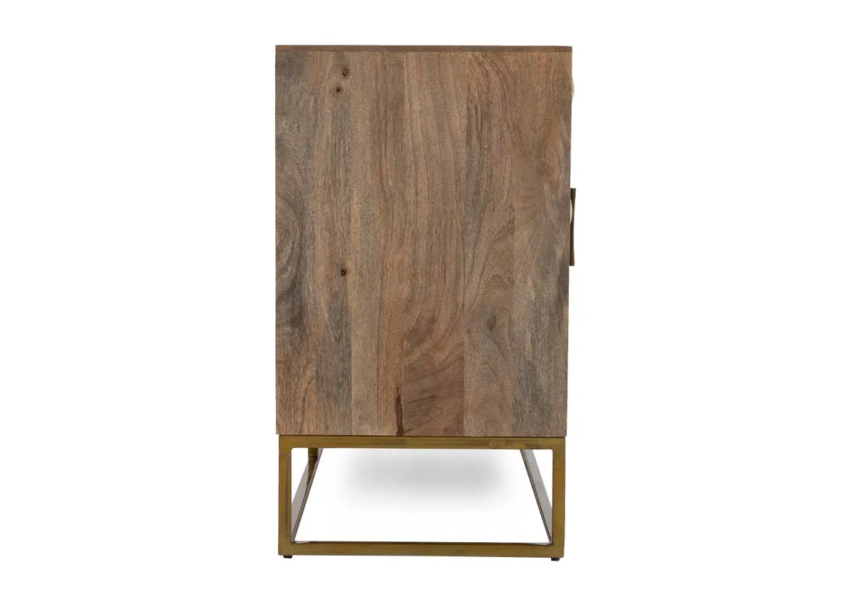 A 2 door 3 drawer mango sideboard from EZ Livings Diva range. Front view of textured detail