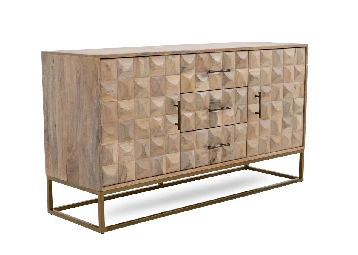 A 2 door 3 drawer mango sideboard from EZ Livings Diva range. Angled view