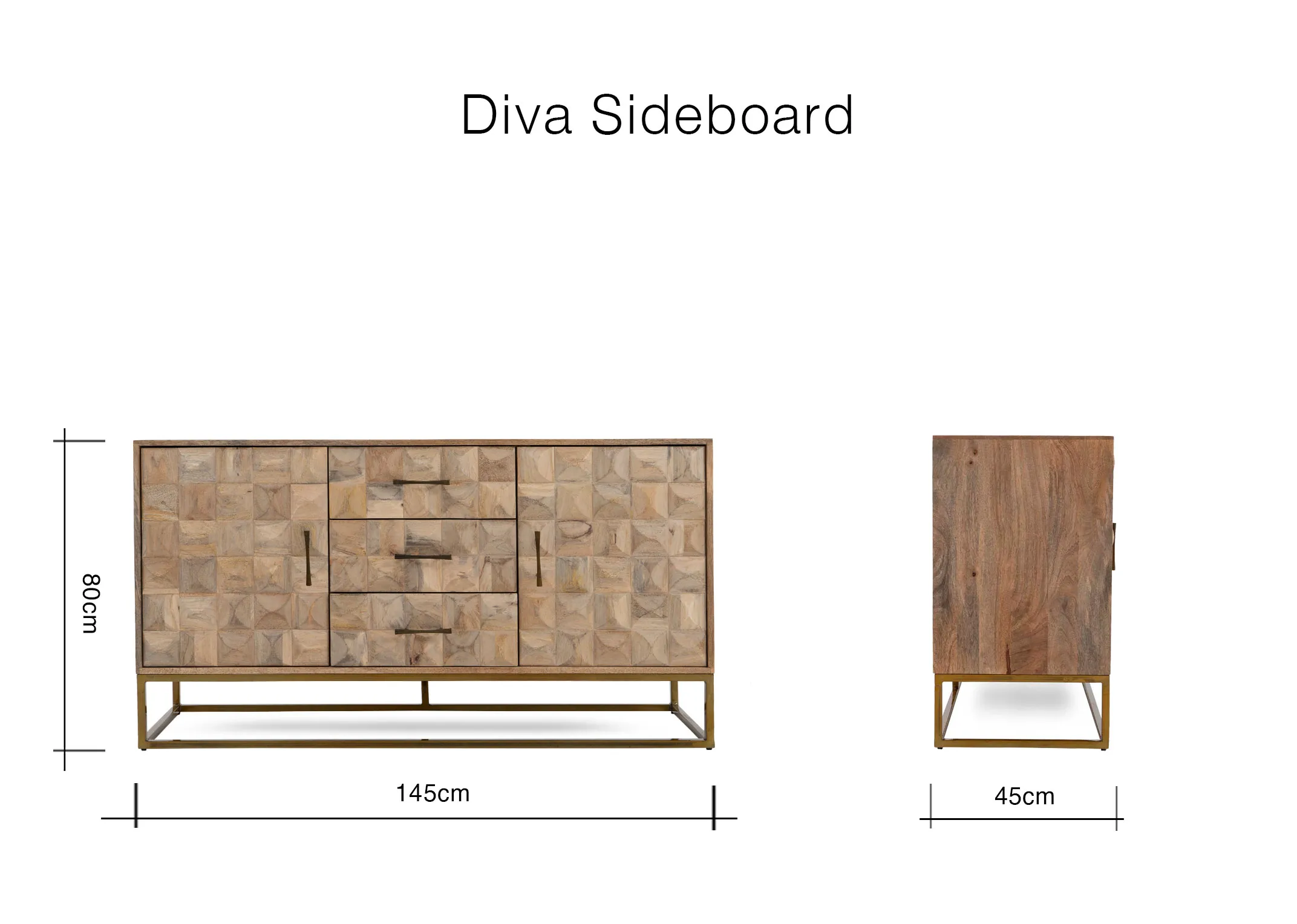 A dimension image of the Diva Sideboard with 145cm x 45cm x 80cm