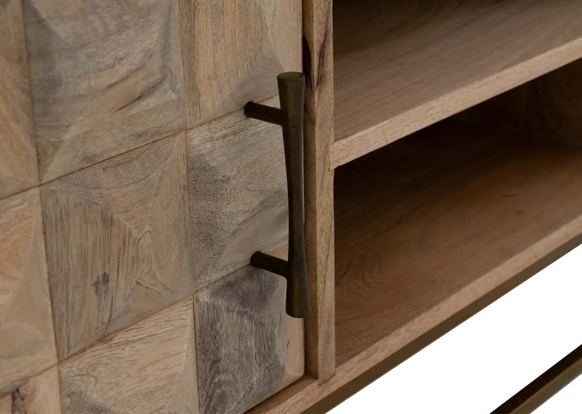 A mango wood tv unit from EZ Livings Diva range. Front view with doors open