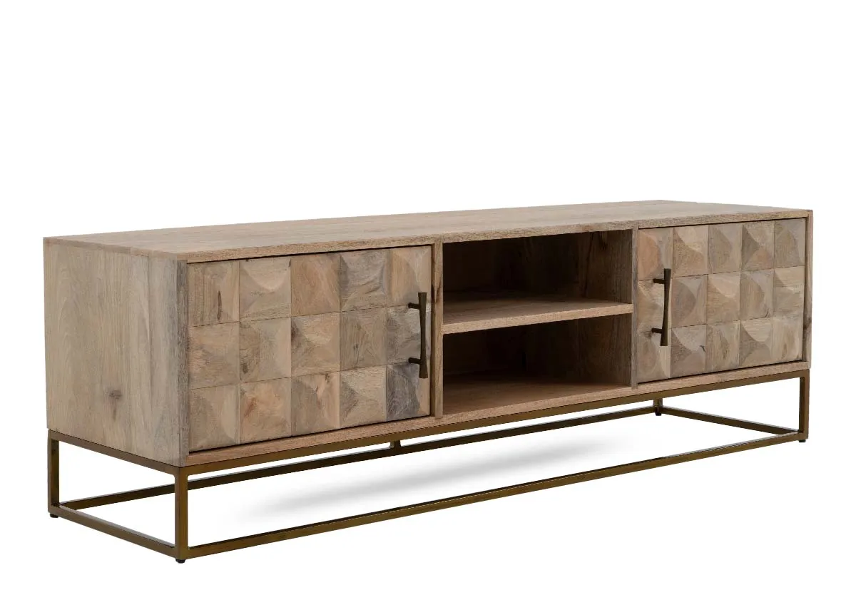 A mango wood tv unit from EZ Livings Diva range. Angled view of 2 doors and gold frame.