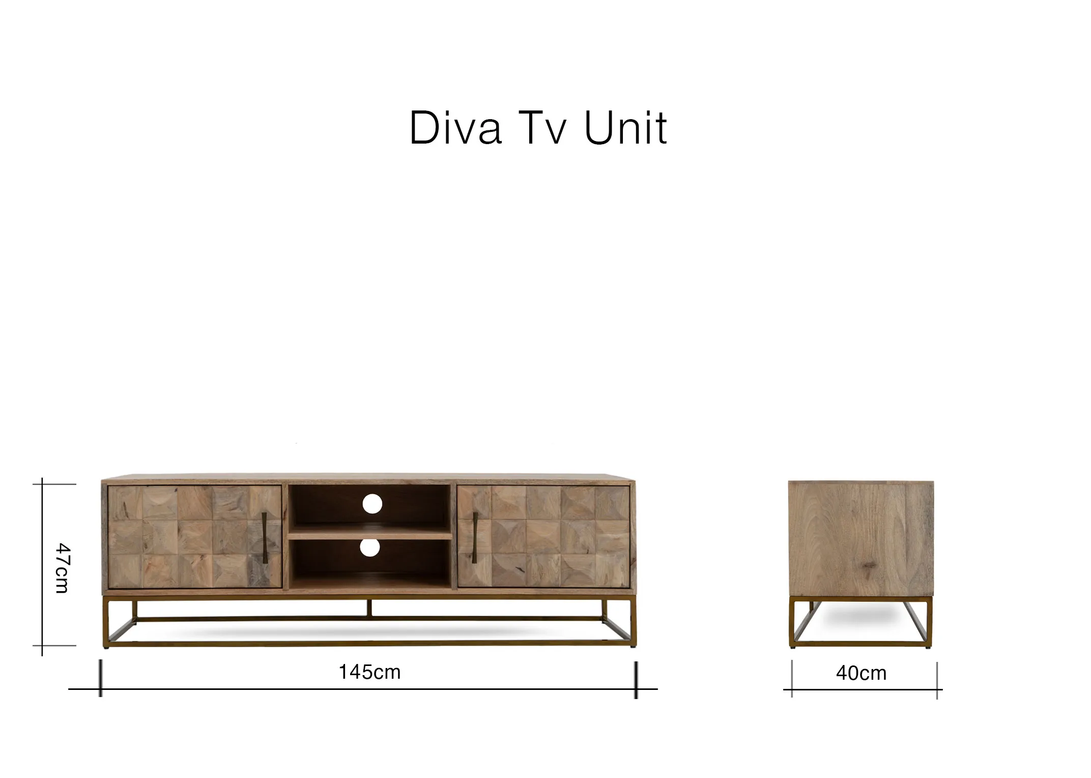 A dimension image of the Diva TV Unit with 145cm x 40cm x 47cm