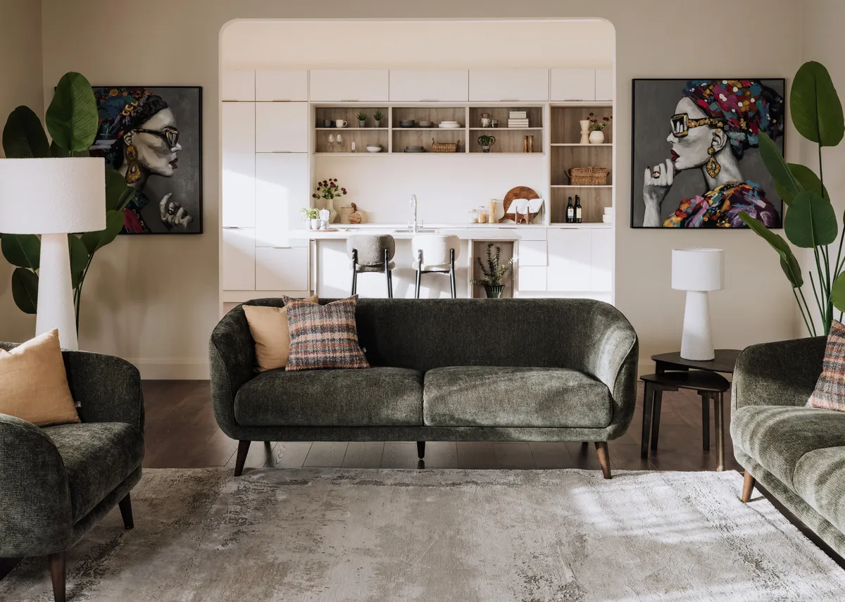 A lifestyle image of the Faye Soft cushion with Chloe sofabed.