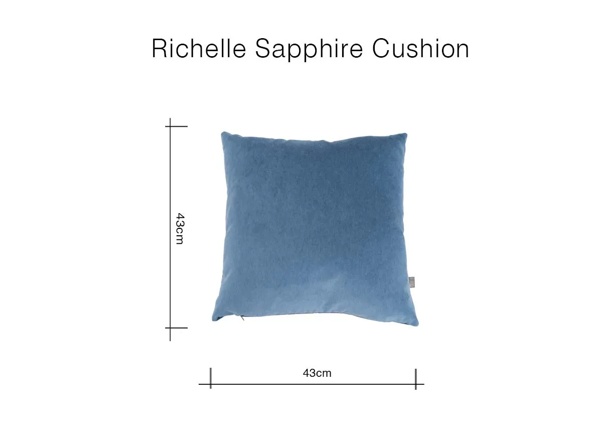 A dimension image of the Richell Blue cushion with 43cm x 43cm