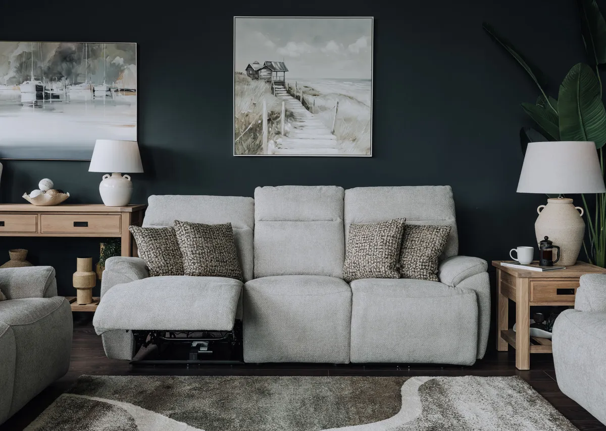 3 Seater Silver Fabric Power Reclining Sofa with Drinks Holder - Mallow