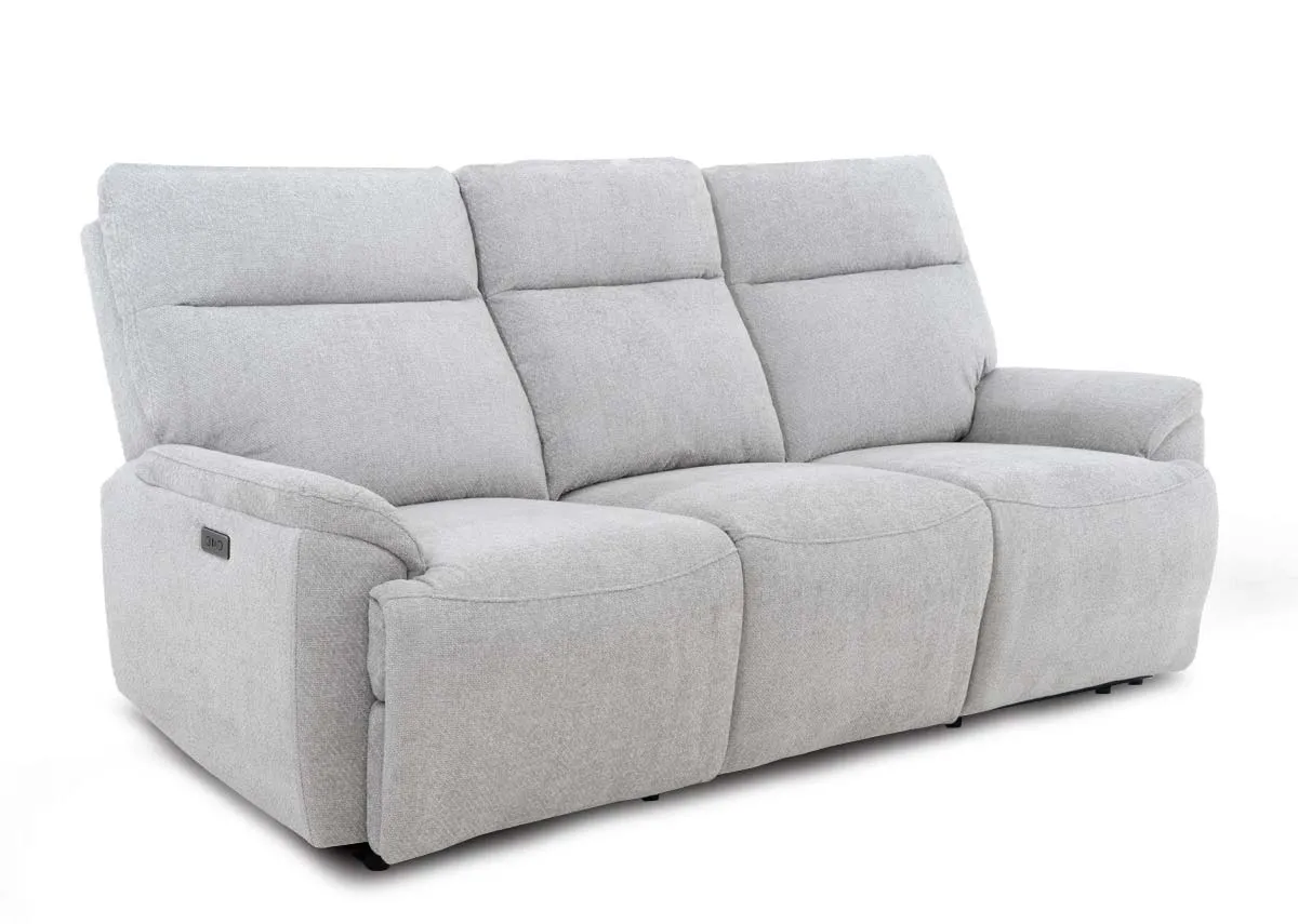 3 Seater Silver Fabric Power Reclining Sofa with Drinks Holder - Mallow