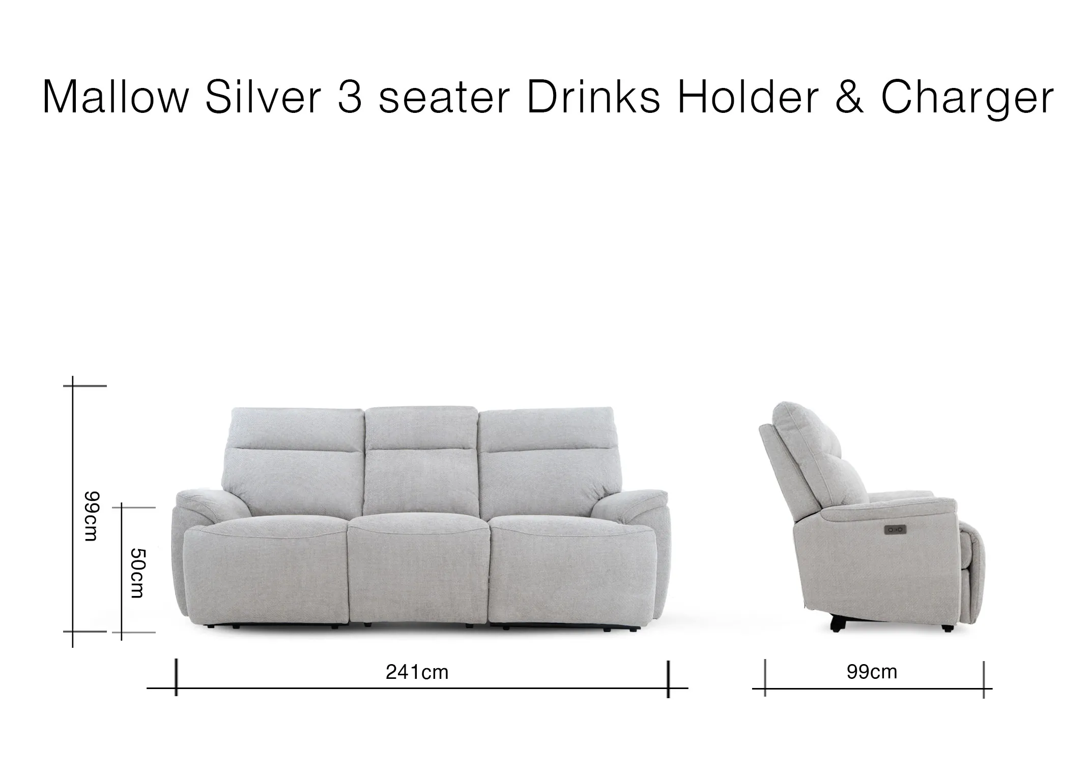 A dimension image of the Mallow 3 seater sofa with 241cm x 99cm x 99cm